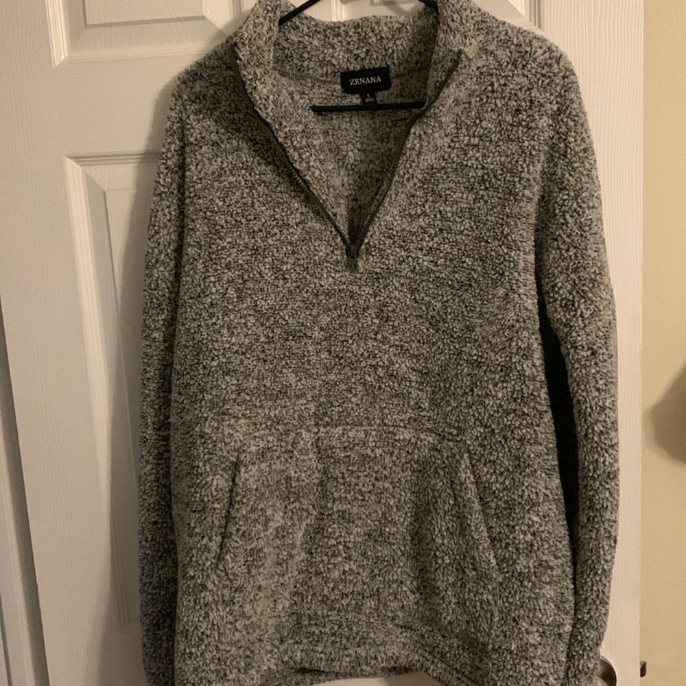 gray white fuzzy oversized sherpa 1/4 zip